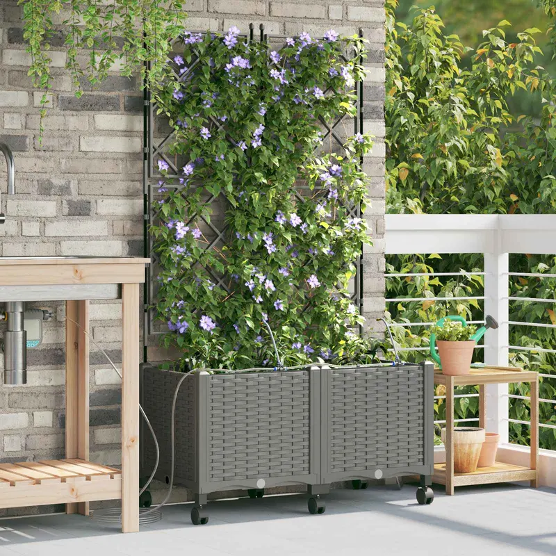 Vidaxl tuin pot met irrigatie en wielen 2 st lichtgrijs pp