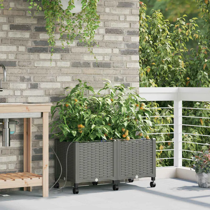 Vidaxl tuin pot met irrigatie en wielen 2 st lichtgrijs pp