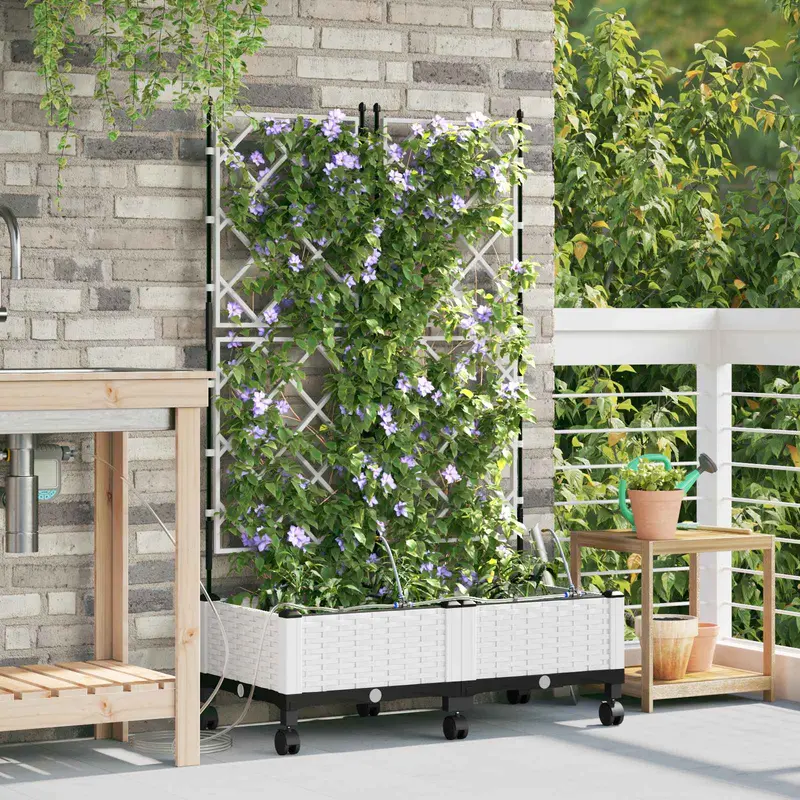 Vidaxl tuin pot met irrigatie en wielen 2 st wit 80 x 40 x 132 cm pp