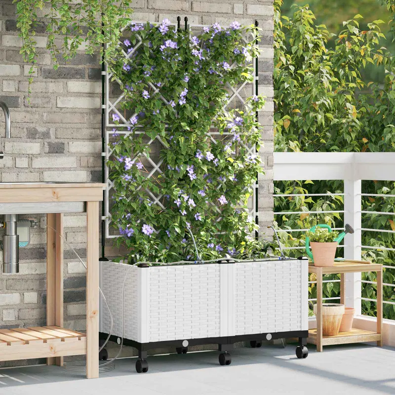 Vidaxl tuin pot met irrigatie en wielen 2 st wit 80 x 40 x 148 cm pp