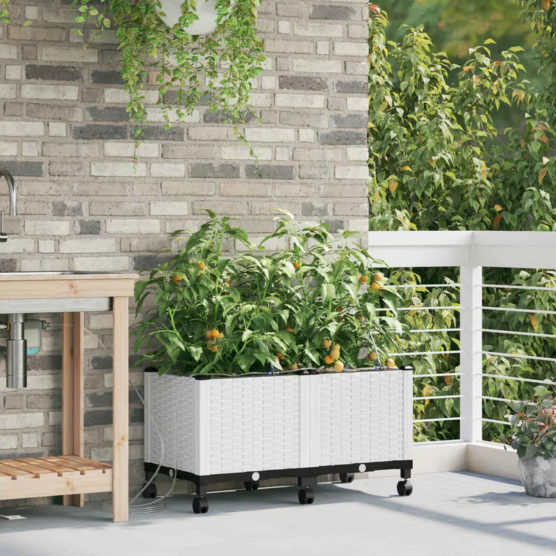 Vidaxl tuin pot met irrigatie en wielen 2 st wit 80 x 40 x 43,5 cm pp