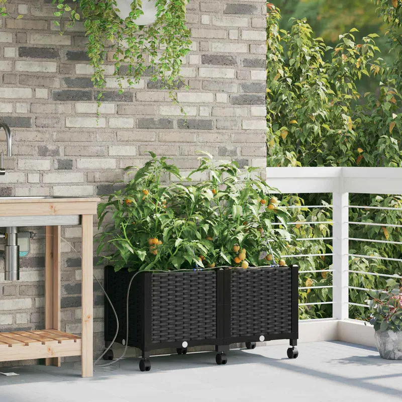 Vidaxl tuin pot met irrigatie en wielen 2 st zwart 80 x 40 x 43,5 cm