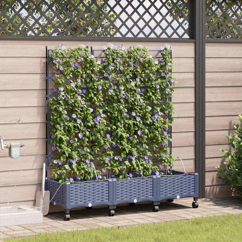 Vidaxl tuin pot met irrigatie en wielen 3 st grijs 120 x 40 x 132 cm