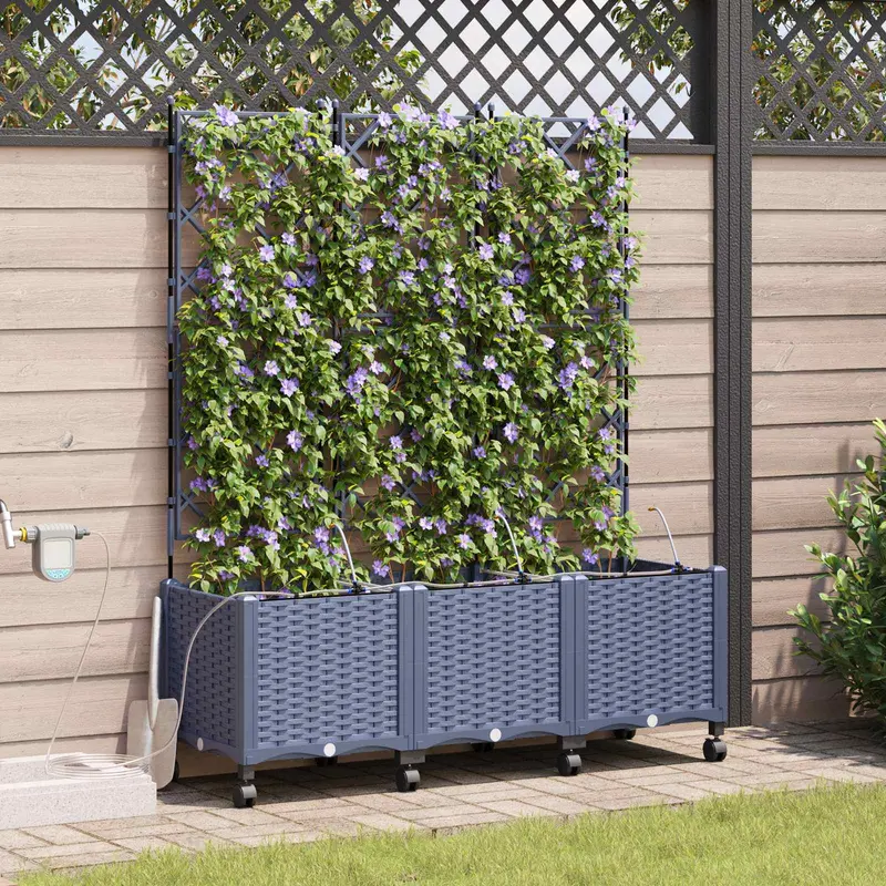Vidaxl tuin pot met irrigatie en wielen 3 st grijs 120 x 40 x 148 cm