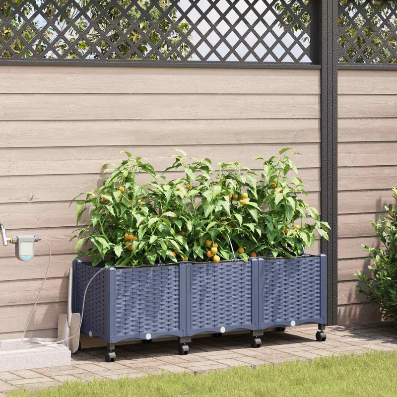 Vidaxl tuin pot met irrigatie en wielen 3 st grijs 120 x 40 x 43,5 cm