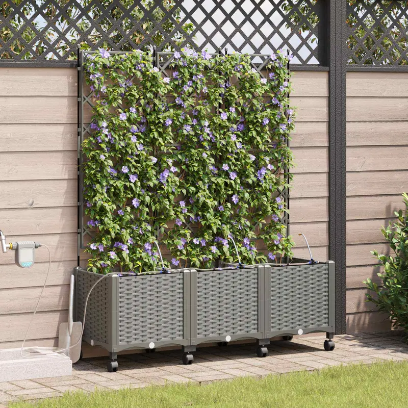 Vidaxl tuin pot met irrigatie en wielen 3 st lichtgrijs pp