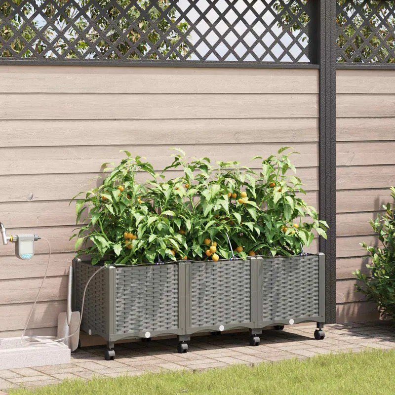 Vidaxl tuin pot met irrigatie en wielen 3 st lichtgrijs pp