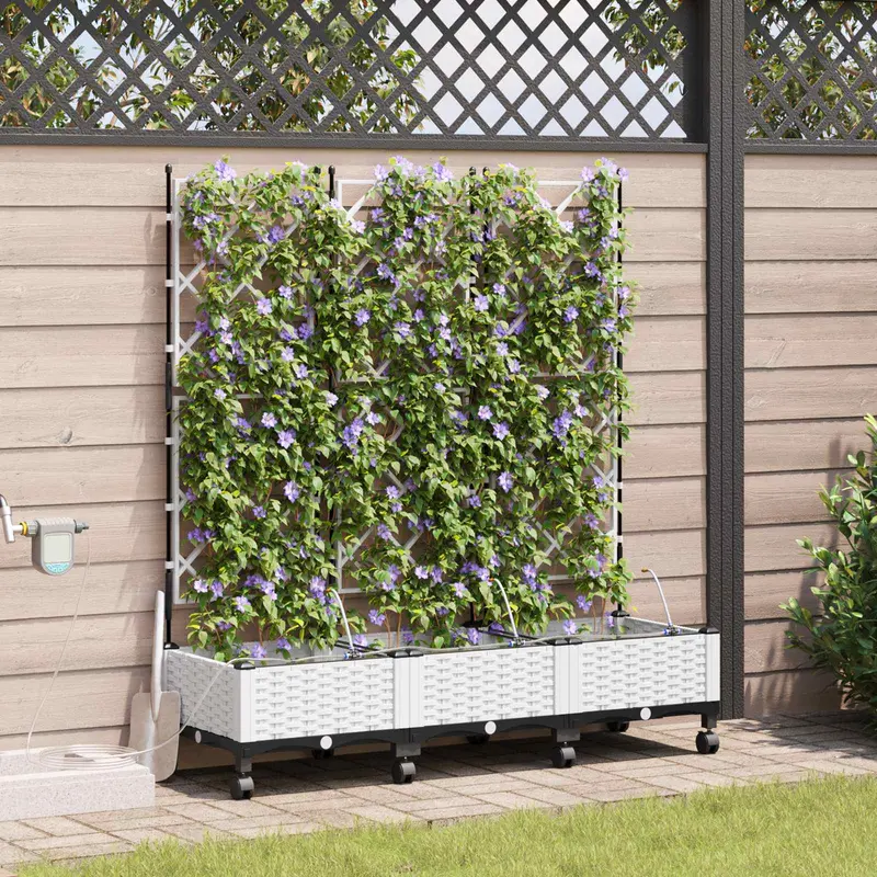 Vidaxl tuin pot met irrigatie en wielen 3 st wit 120 x 40 x 132 cm pp
