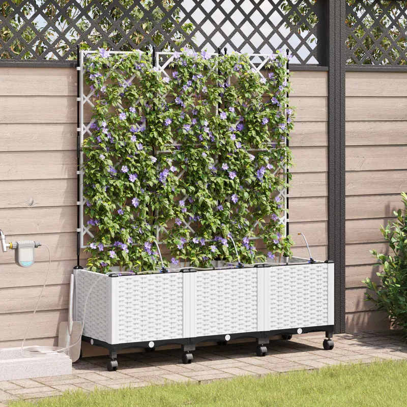 Vidaxl tuin pot met irrigatie en wielen 3 st wit 120 x 40 x 148 cm pp