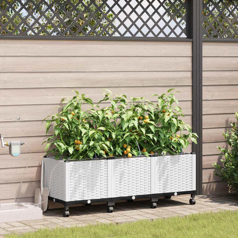 Vidaxl tuin pot met irrigatie en wielen 3 st wit 120 x 40 x 43,5 cm pp