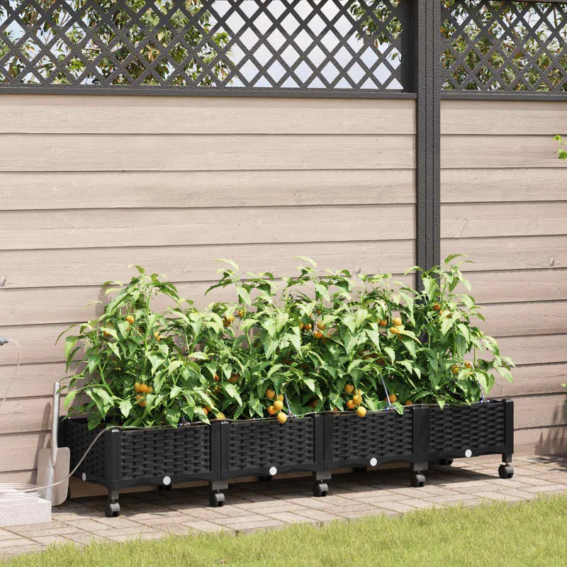 Vidaxl tuin pot met irrigatie en wielen 4 st zwart 160 x 40 x 28 cm pp