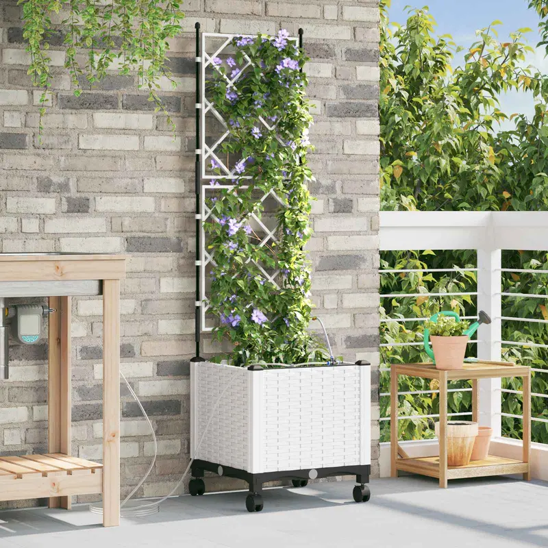 Vidaxl tuin pot met irrigatie en wielen wit 40 x 40 x 148 cm pp