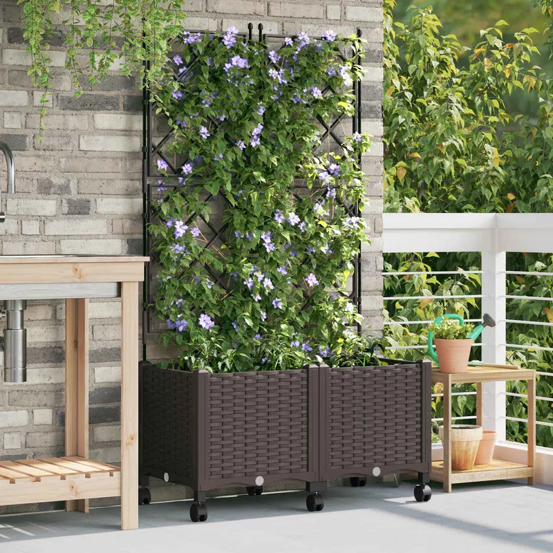 Vidaxl tuinplantbak met schutting en wielen 2 st bruin pp