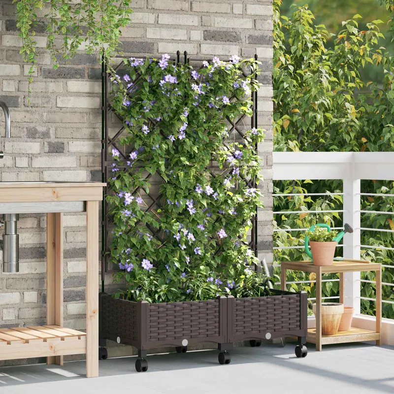 Vidaxl tuinplantbak met schutting en wielen 2 st bruin pp