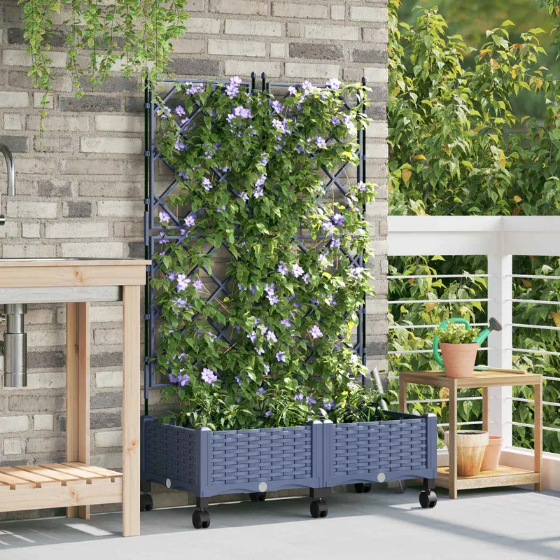 Vidaxl tuinplantbak met schutting en wielen 2 st grijs pp
