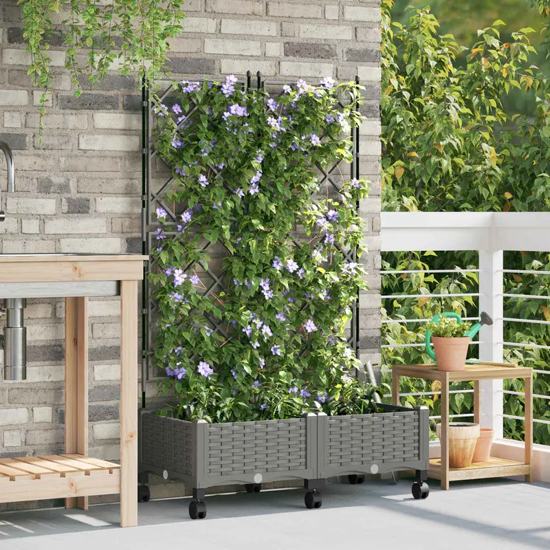 Vidaxl tuinplantbak met schutting en wielen 2 st lichtgrijs pp