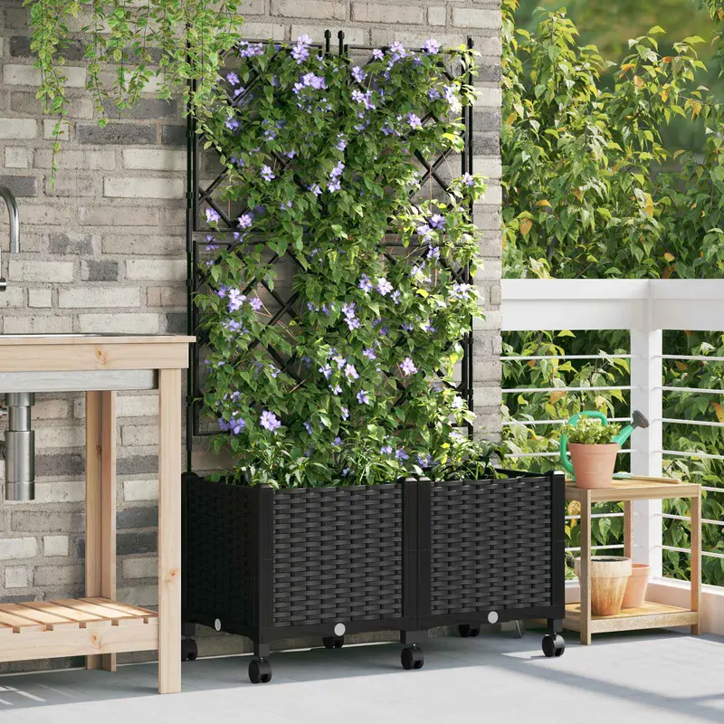 Vidaxl tuinplantbak met schutting en wielen 2 st zwart pp