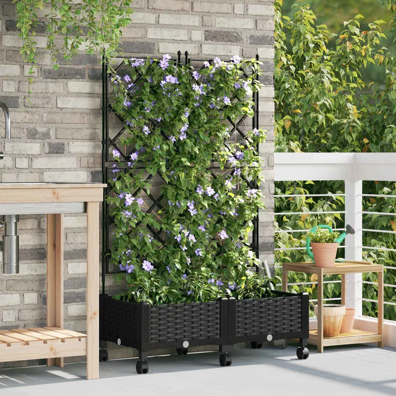 Vidaxl tuinplantbak met schutting en wielen 2 st zwart pp