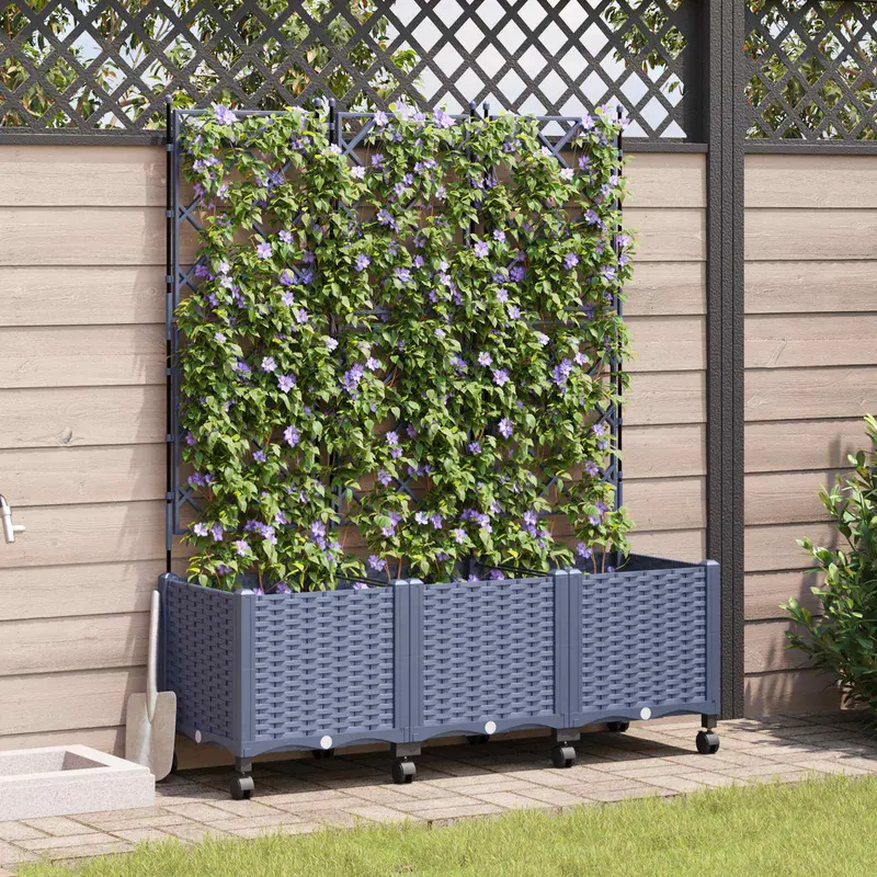 Vidaxl tuinplantbak met schutting en wielen 3 st grijs pp
