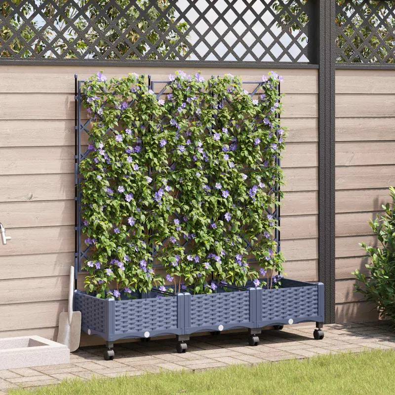 Vidaxl tuinplantbak met schutting en wielen 3 st grijs pp