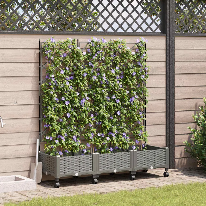 Vidaxl tuinplantbak met schutting en wielen 3 st lichtgrijs