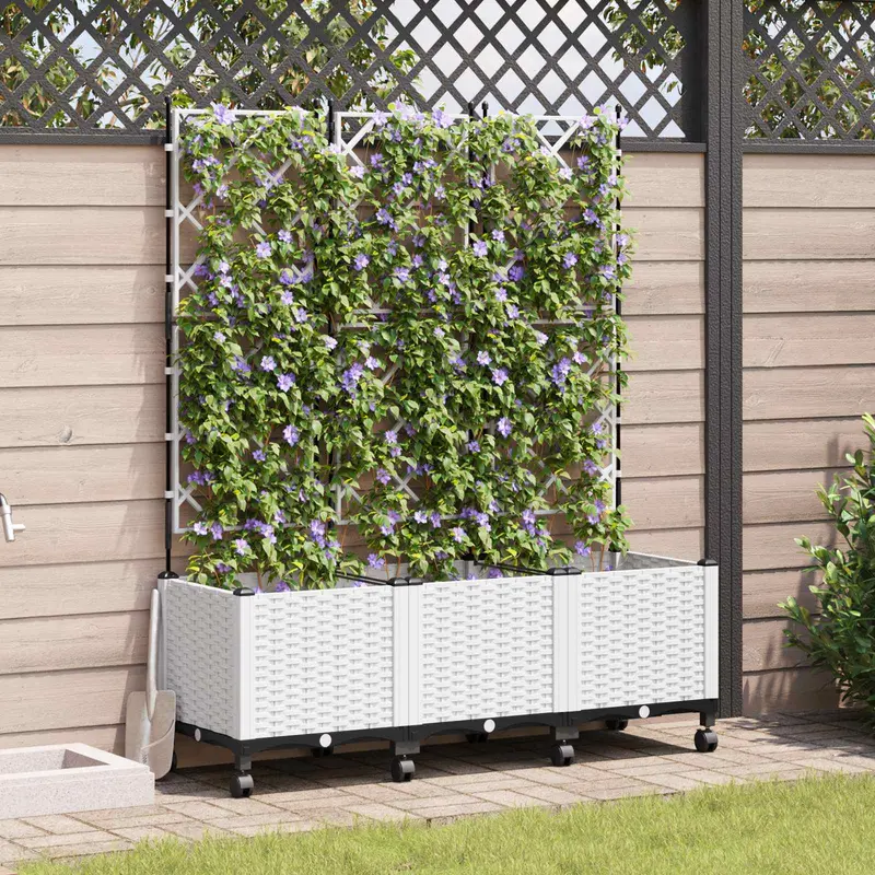 Vidaxl tuinplantbak met schutting en wielen 3 st wit 120 x 40 x 149 cm