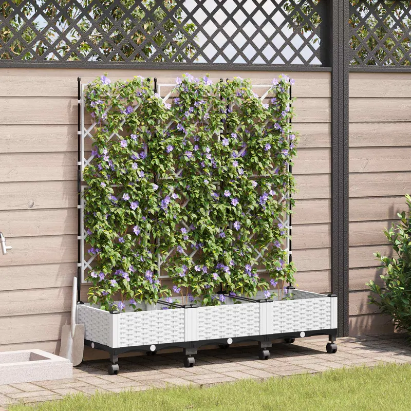 Vidaxl tuinplantbak met schutting en wielen 3 st wit pp