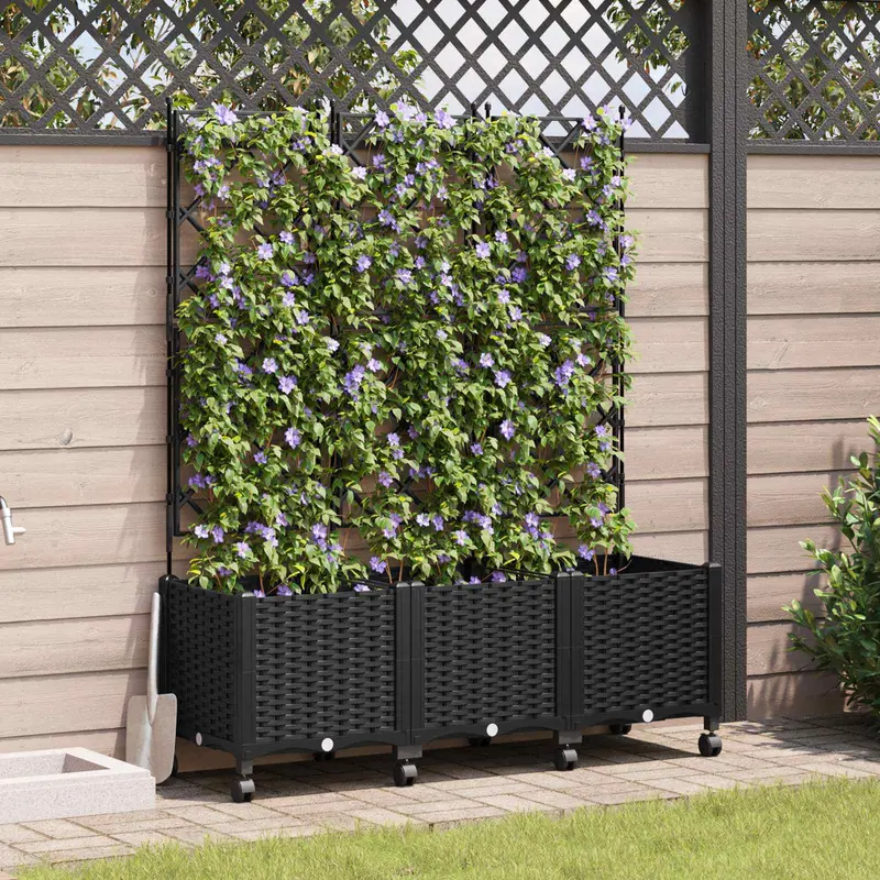 Vidaxl tuinplantbak met schutting en wielen 3 st zwart pp