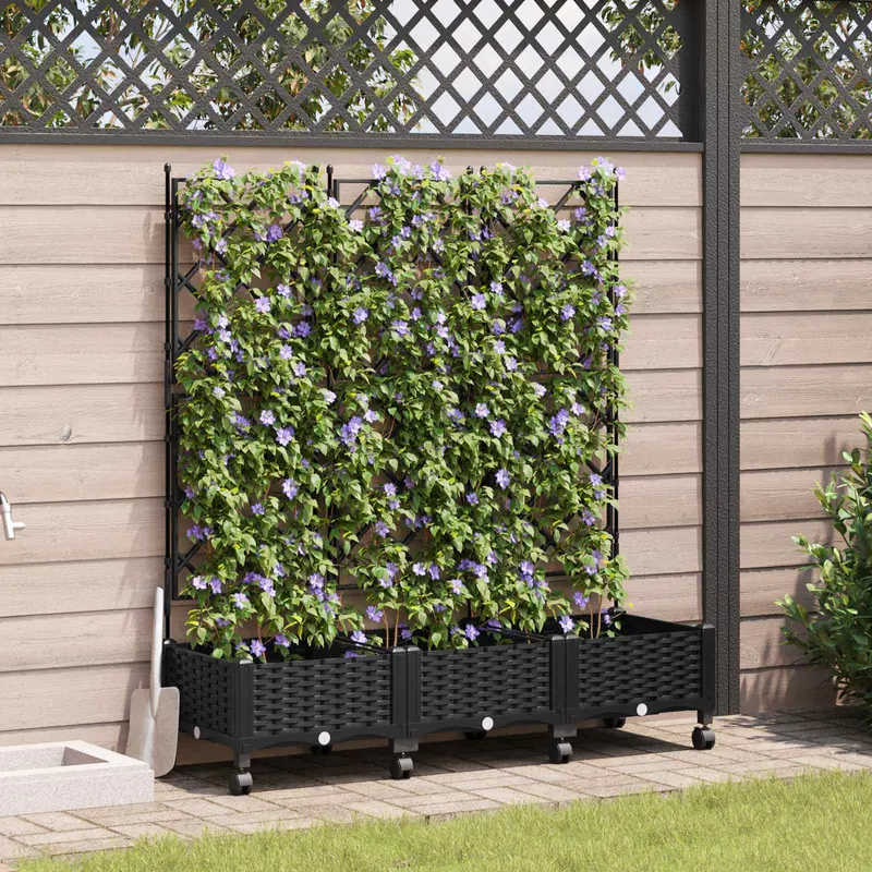 Vidaxl tuinplantbak met schutting en wielen 3 st zwart pp