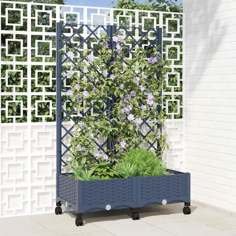 Vidaxl tuinplantbak met schutting en wielen blauw grijs pp