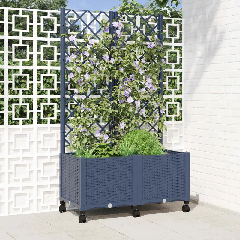 Vidaxl tuinplantbak met schutting en wielen blauw grijs pp