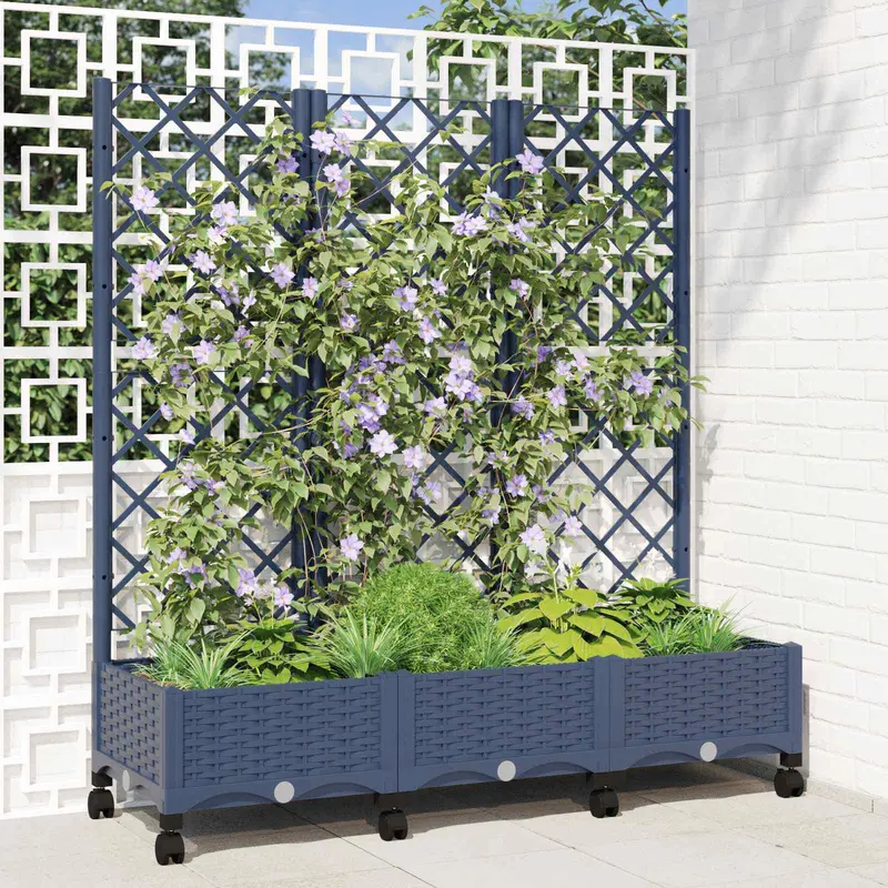 Vidaxl tuinplantbak met schutting en wielen blauw grijs pp