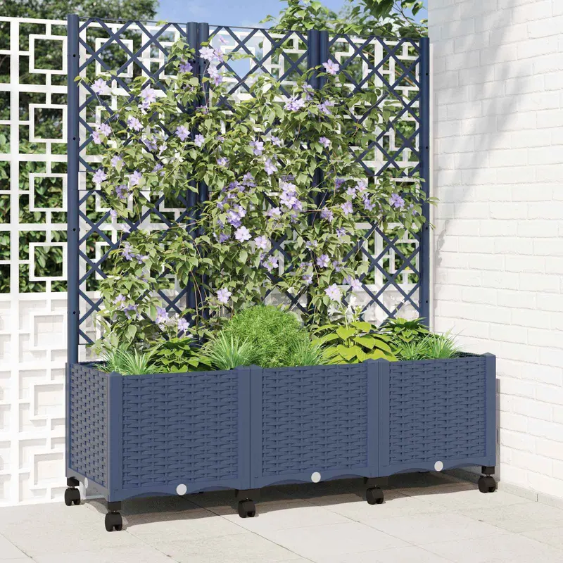 Vidaxl tuinplantbak met schutting en wielen blauw grijs pp