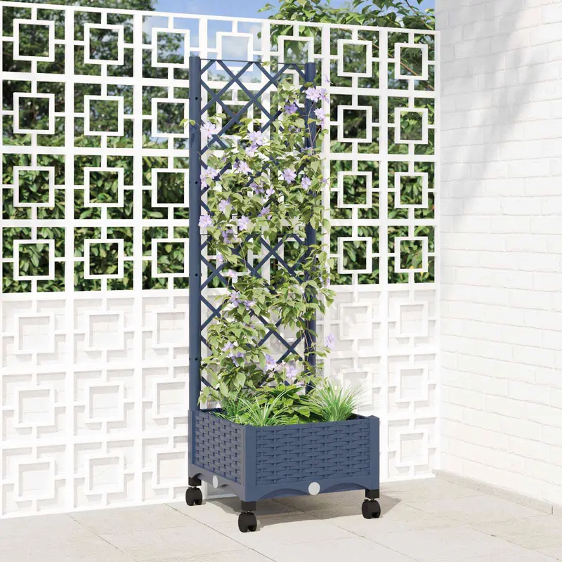 Vidaxl tuinplantbak met schutting en wielen blauw grijs pp