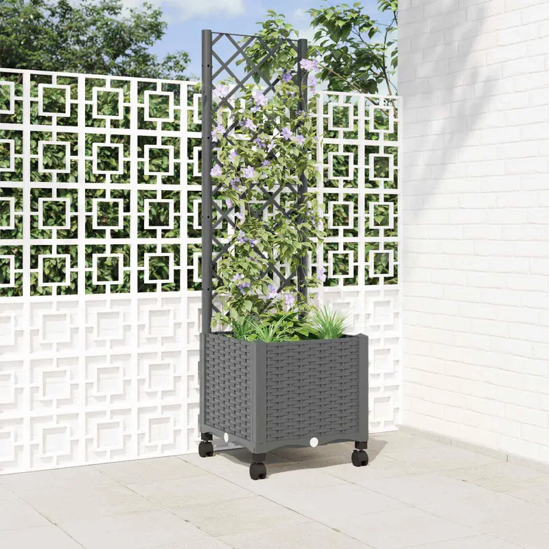 Vidaxl tuinplantbak met schutting en wielen lichtgrijs pp
