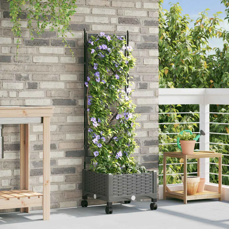 Vidaxl tuinplantbak met schutting en wielen lichtgrijs pp