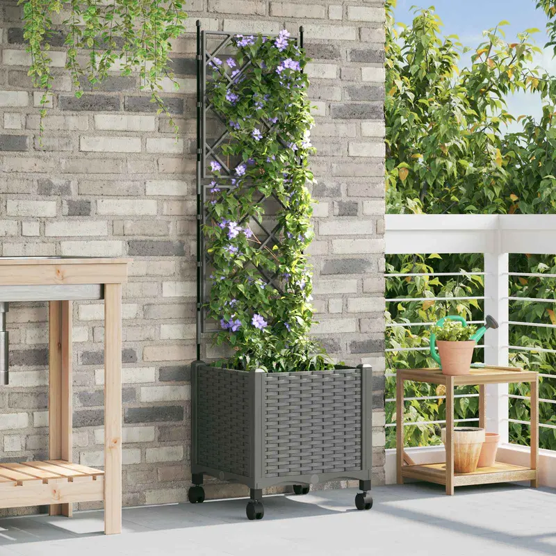 Vidaxl tuinplantbak met schutting en wielen lichtgrijs pp