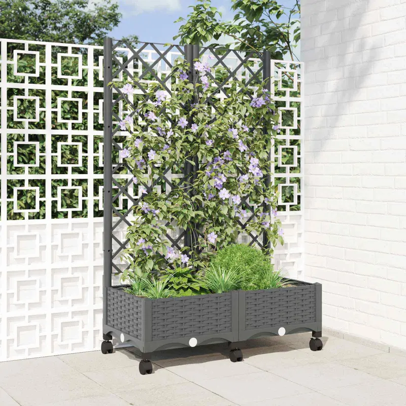 Vidaxl tuinplantbak met schutting en wielen lichtgrijs pp