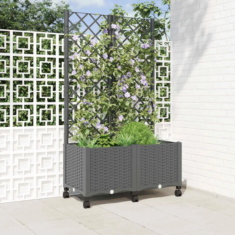 Vidaxl tuinplantbak met schutting en wielen lichtgrijs pp