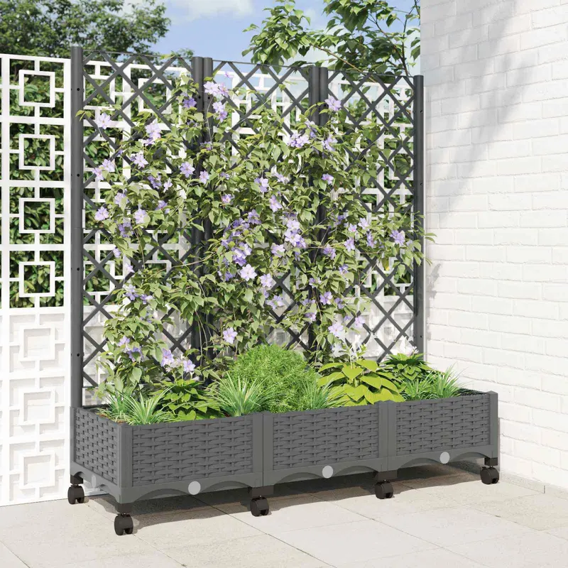 Vidaxl tuinplantbak met schutting en wielen lichtgrijs pp