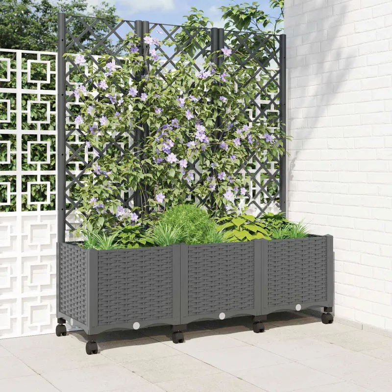 Vidaxl tuinplantbak met schutting en wielen lichtgrijs pp