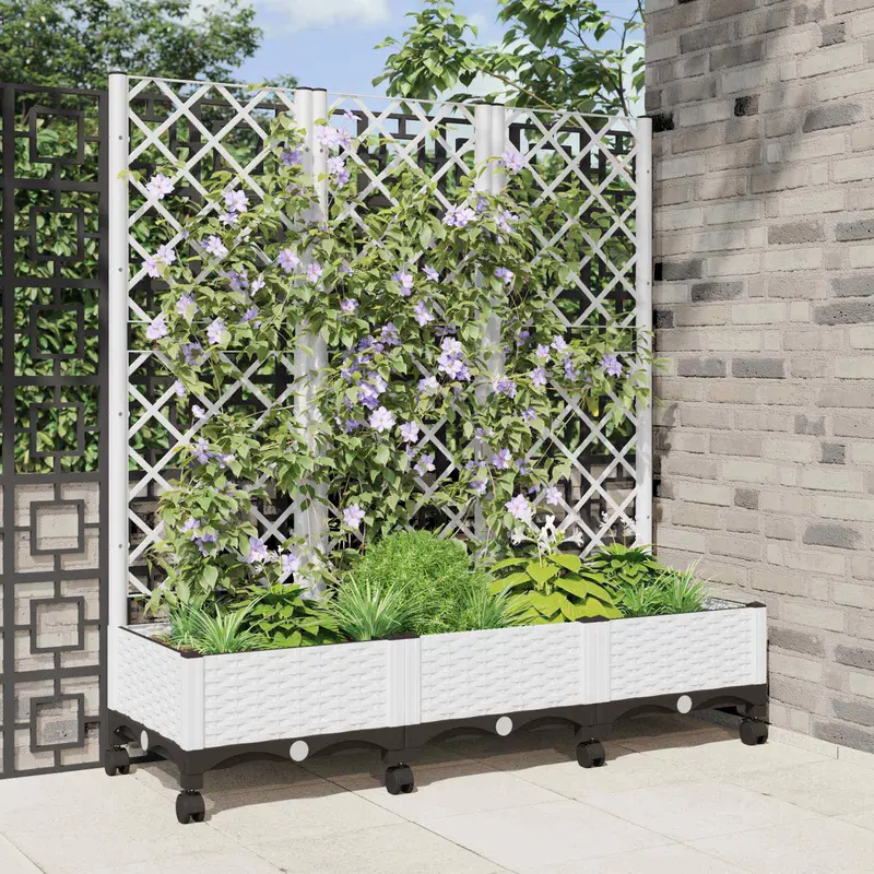 Vidaxl tuinplantbak met schutting en wielen wit 120 x 40 x 131,5 cm pp