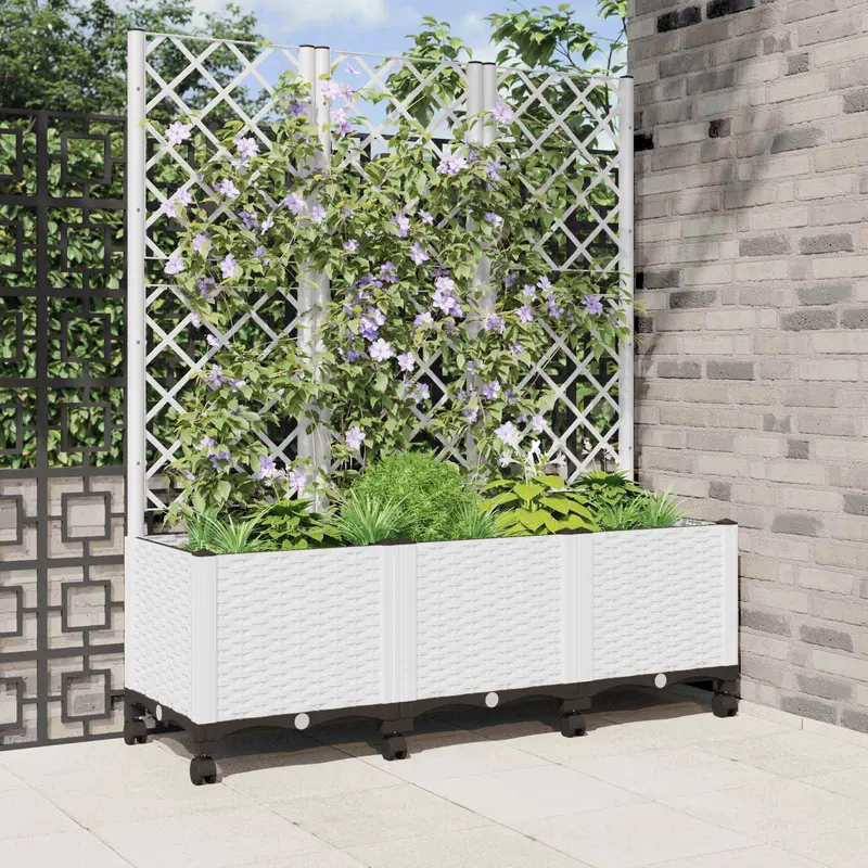 Vidaxl tuinplantbak met schutting en wielen wit 120 x 40 x 146 cm pp