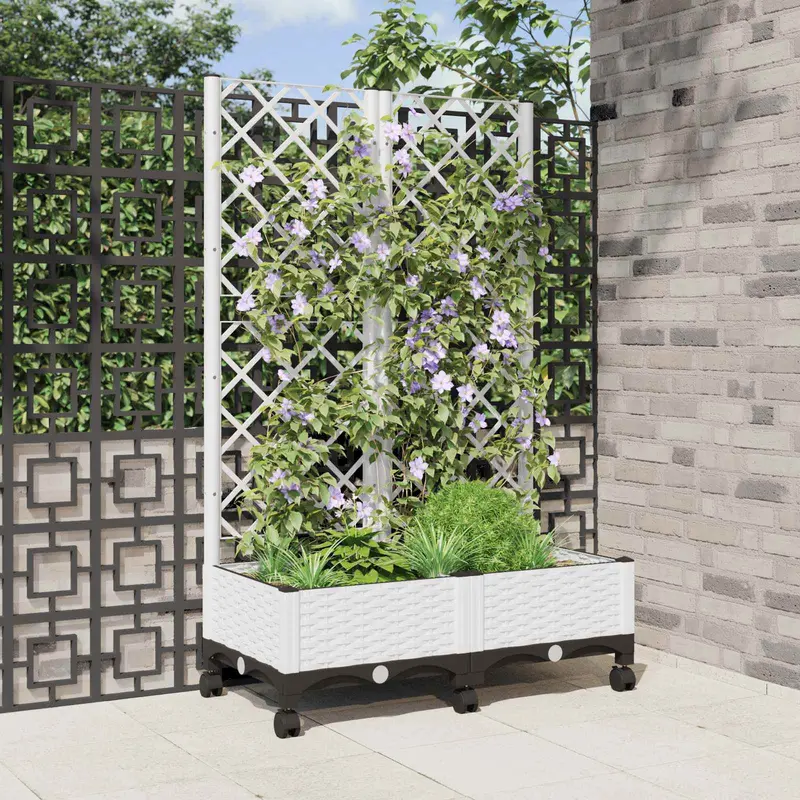 Vidaxl tuinplantbak met schutting en wielen wit 80 x 40 x 131,5 cm pp