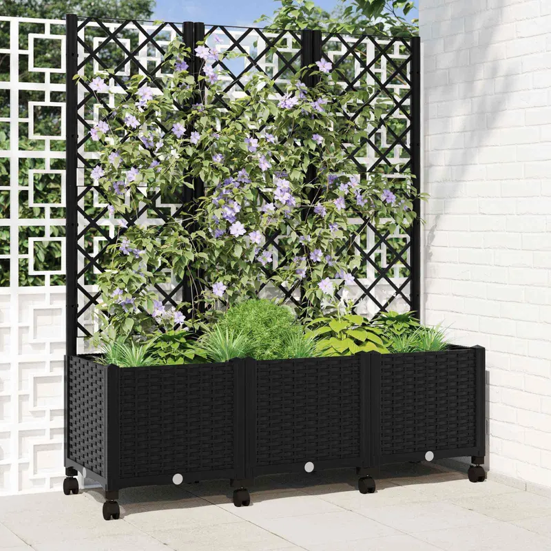 Vidaxl tuinplantbak met schutting en wielen zwart 120 x 40 x 146 cm pp