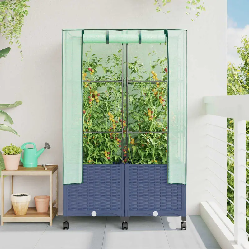 Vidaxl tuinplantenbak met kasbedekking en wielen 2 st blauw grijs pp