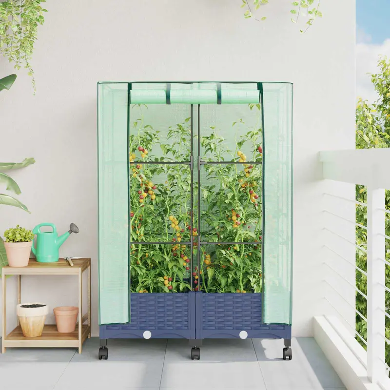 Vidaxl tuinplantenbak met kasbedekking en wielen 2 st blauw grijs pp