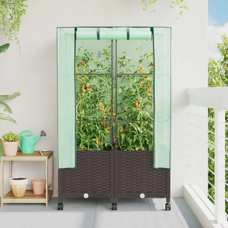 Vidaxl tuinplantenbak met kasbedekking en wielen 2 st bruin pp