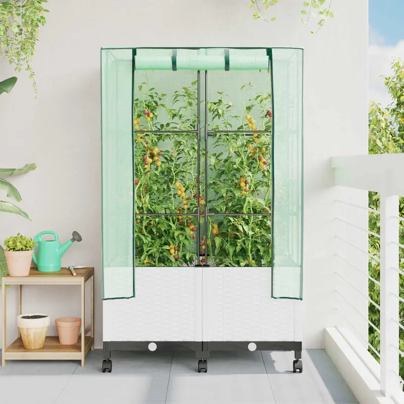 Vidaxl tuinplantenbak met kasbedekking en wielen 2 st wit pp