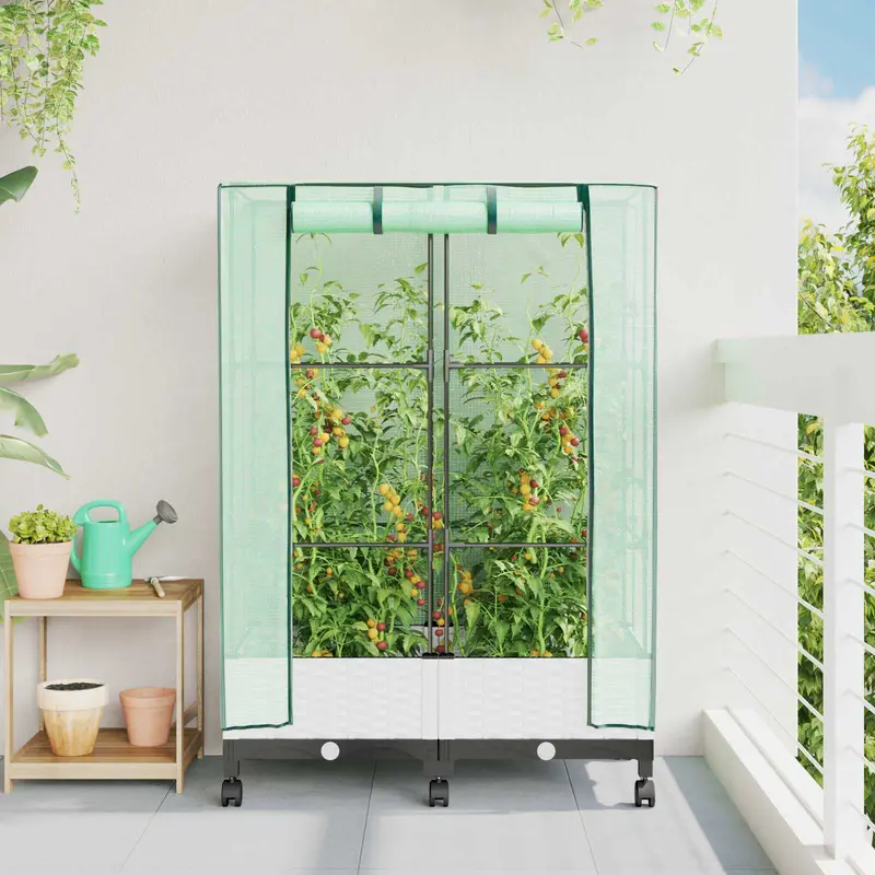 Vidaxl tuinplantenbak met kasbedekking en wielen 2 st wit pp